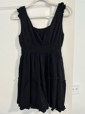 Black Smocked Waist Tiered Tunic Top